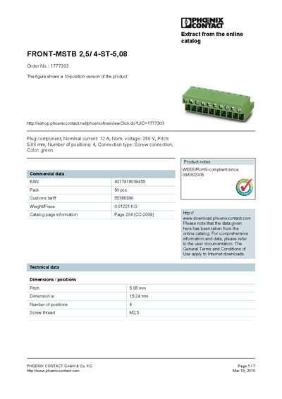Phoenix Contact FRONT-MSTB 2,5/4-ST-5,08 Handbook - cover page