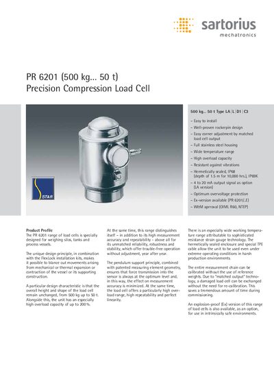 PR 6201 (500 kg 50 t) Precision Compression Load Cell Manual - cover page