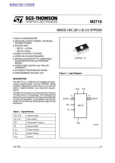 SGS-THOMSON M2716 EPROM Datasheet - cover page