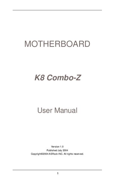 ASRock K8 Combo-Z Motherboard User Manual - cover page