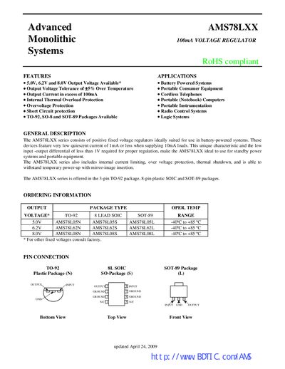 AMS 78LXX Series Voltage Regulator Datasheet - cover page