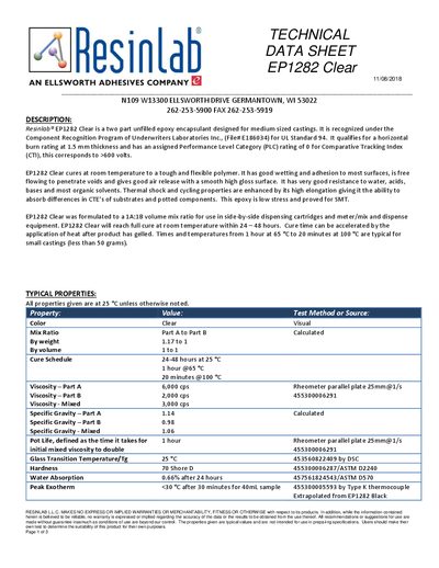 Resinlab EP1282 Clear Epoxy Encapsulant Technical Data Sheet - cover page
