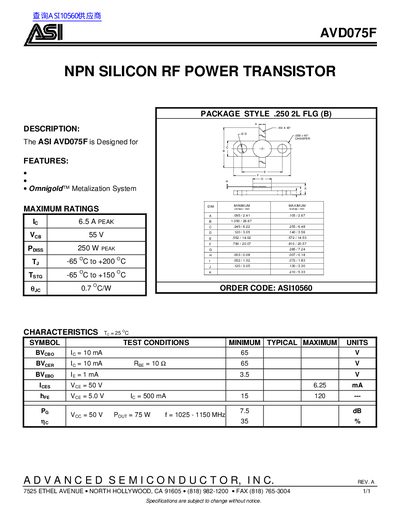 ASI AVD075F NPN Silicon RF Power Transistor Datasheet - cover page