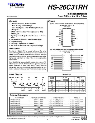 Harris HS-26C31RH Radiation Hardened Quad Differential Line Driver Datasheet - cover page