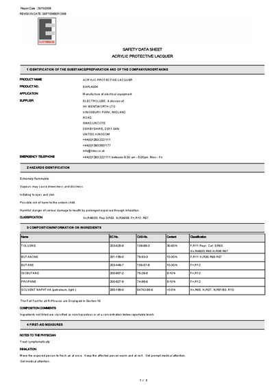 Electrolube EAPL400H Acrylic Protective Lacquer Safety Data Sheet - cover page