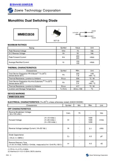 Zowie Technology Corporation MMBD2838 Monolithic Dual Switching Diode Datasheet - cover page