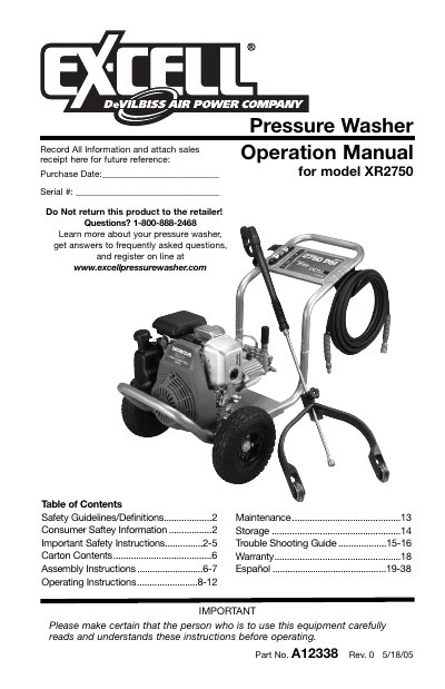 Ex-Cell XR2750 Pressure Washer Operation Manual - cover page