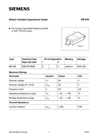 Siemens BB 639 Variable Capacitance Diode Datasheet - cover page