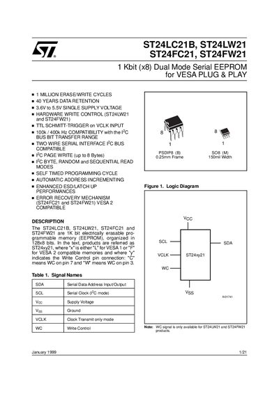 ST ST24LC21B ST24LW21 ST24FC21 ST24FW21 1 Kbit (x8) Dual Mode Serial EEPROM for VESA PLUG PLAY handbook - cover page