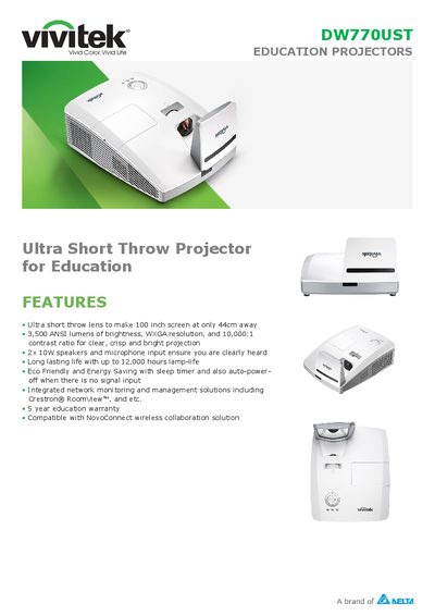 Vivitek DW770UST Education Projector Product Leaflet - cover page