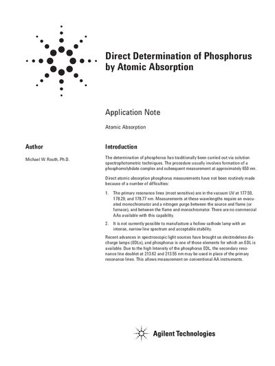 Direct Determination of Phosphorus by Atomic Absorption Application Note - cover page