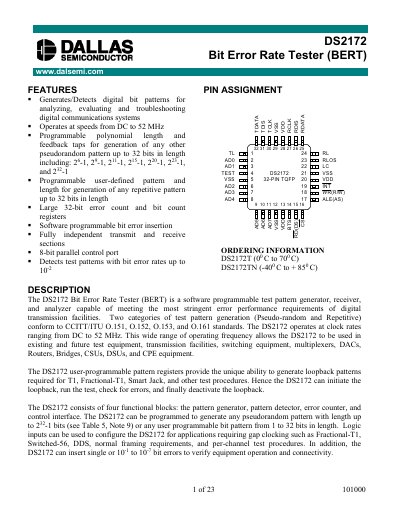 Dallas Semiconductor DS2172 Bit Error Rate Tester Manual - cover page