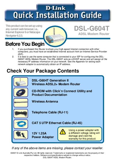 D-Link DSL-G604T Quick Installation Guide - cover page