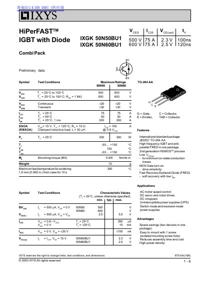 IXYS IXGK50N50BU1/IXGK50N60BU1 Preliminary Data Sheet - cover page
