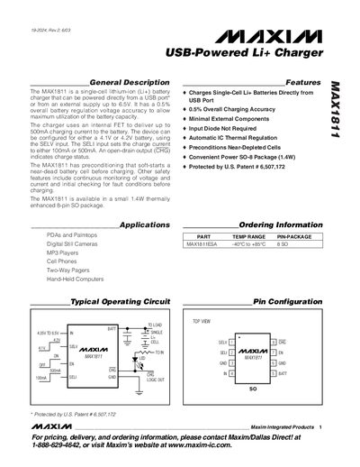 Maxim MAX1811 USB-Powered Li+ Charger Datasheet - cover page
