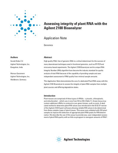 Agilent 2100 Bioanalyzer Plant RNA Assay Application Note - cover page