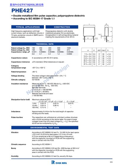 Evox Rifa PHE427 Double Metallized Film Pulse Capacitor Datasheet - cover page