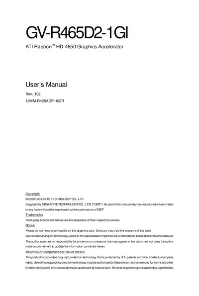 Gigabyte GV-R465D2-1GI ATI Radeon HD 4650 Graphics Accelerator User Manual - cover page