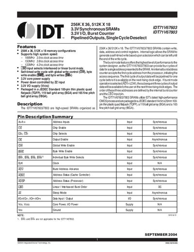 IDT IDT71V67603 / IDT71V67803 Synchronous SRAM Datasheet - cover page