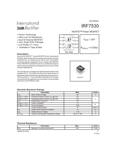 INTERNATIONAL RECTIFIER IRF7530 HEXFET Power MOSFET Manual - cover page