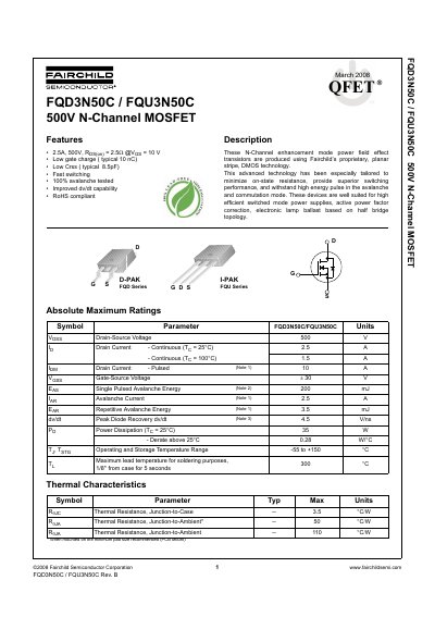 Fairchild Semiconductor FQD3N50C/FQU3N50C 500V N-Channel MOSFET Datasheet - cover page