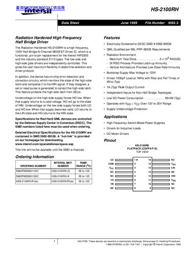 Intersil HS-2100RH Radiation Hardened High Frequency Half Bridge Driver Datasheet - cover page