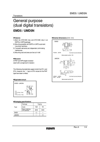 Rohm EMD5/UMD5N Dual Digital Transistor Datasheet - cover page