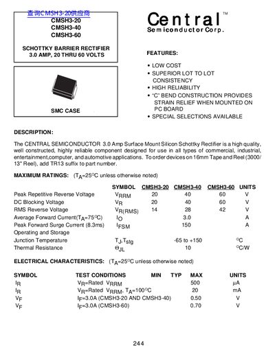 Central CMSH3-20 CMSH3-40 CMSH3-60 SCHOTTKY BARRIER RECTIFIER 3.0 AMP 20 THRU 60 VOLTS handbook