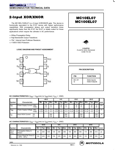 Motorola MC10EL07/MC100EL07 2-Input XOR/XNOR Gate Datasheet - cover page