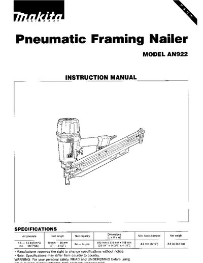 Makita AN922 Framing Nailer Instruction Manual - cover page