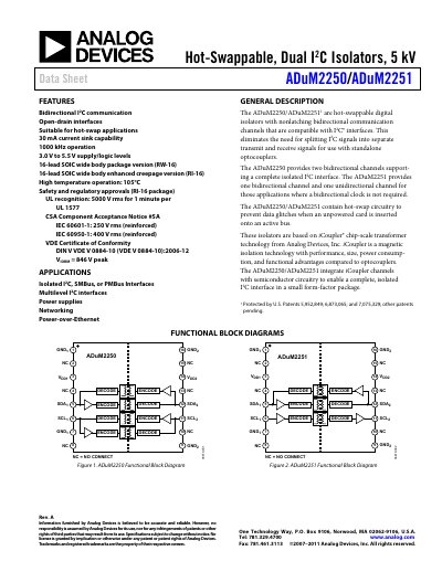 Analog Devices ADuM2250/ADuM2251 Dual I2C Isolator Data Sheet - cover page