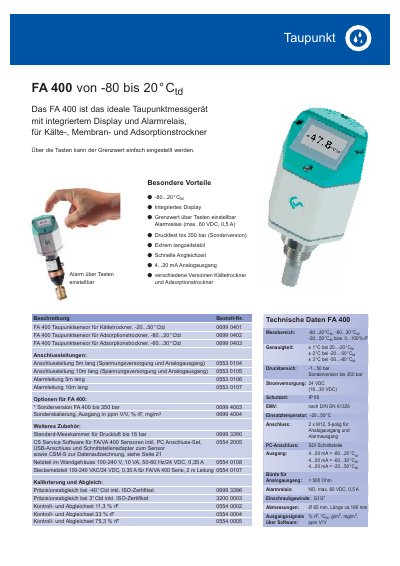 CS Instruments FA 400 Dew Point Sensor Product Leaflet - cover page