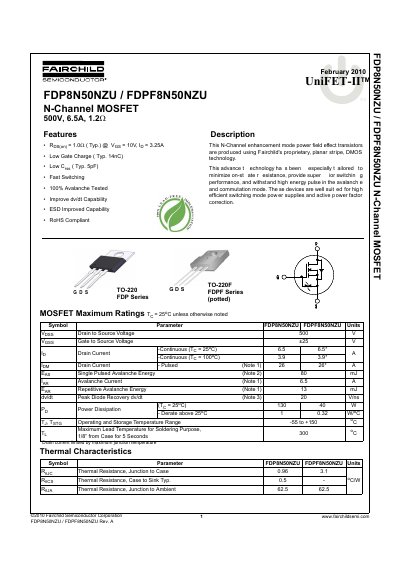 Fairchild FDP8N50NZU/FDPF8N50NZU N-Channel MOSFET Datasheet - cover page