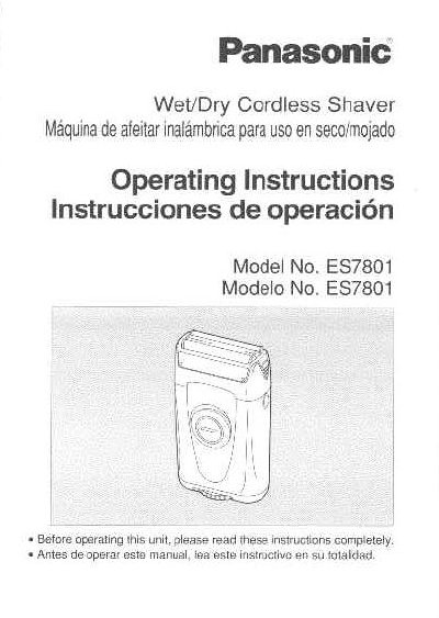 Panasonic ES7801 Wet/Dry Cordless Shaver Operating Instructions - cover page