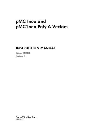 Agilent Technologies pMC1neo and pMClneo Poly A Vectors Instruction Manual - cover page