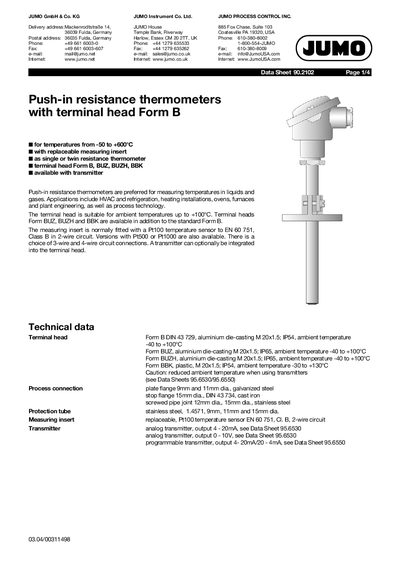 JUMO Form B Push-in Resistance Thermometer Data Sheet
