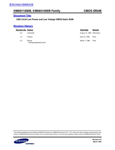Samsung KM68V1000B KM68U1000B Family CMOS SRAM Datasheet - cover page