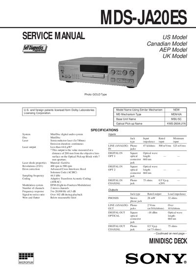 Sony MDS-JA20ES Service Manual - cover page