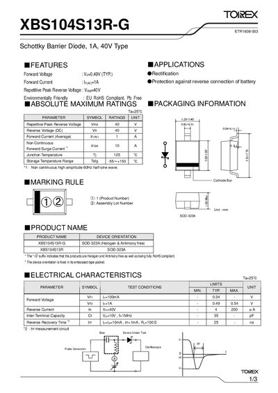 Torex XBS104S13R-G Schottky Barrier Diode Datasheet - cover page