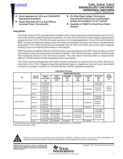 TEXAS INSTRUMENTS TL05x TL05xA TL05xY ENHANCED-JFET LOW-OFFSET OPERATIONAL AMPLIFIERS handbook - cover page