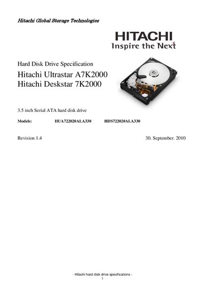 Hitachi Ultrastar A7K2000 / Deskstar 7K2000 Hard Disk Drive Specification - cover page