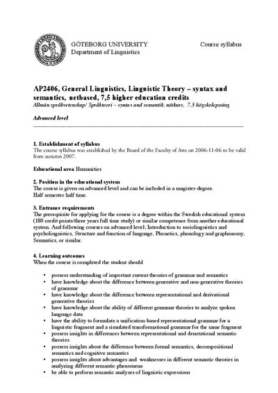 Gothenburg University AP2406 Course Syllabus - cover page