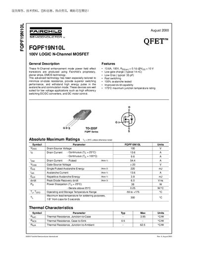 Fairchild FQPF19N10L MOSFET Datasheet - cover page