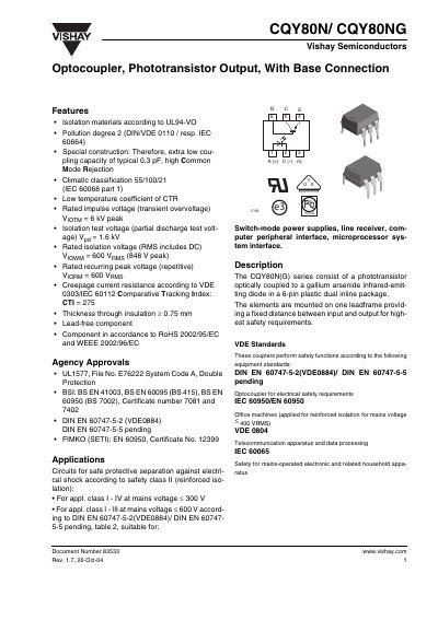 Vishay CQY80N/CQY80NG Optocoupler Handbook - cover page