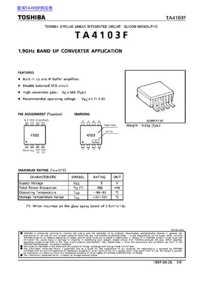 Toshiba TA4103F Bipolar Linear Integrated Circuit Datasheet - cover page