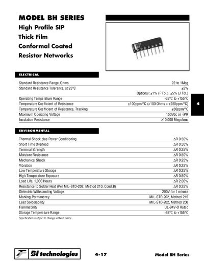 Bil Technologies BH Series High Profile SIP Thick Film Conformal Coated Resistor Networks Datasheet - cover page