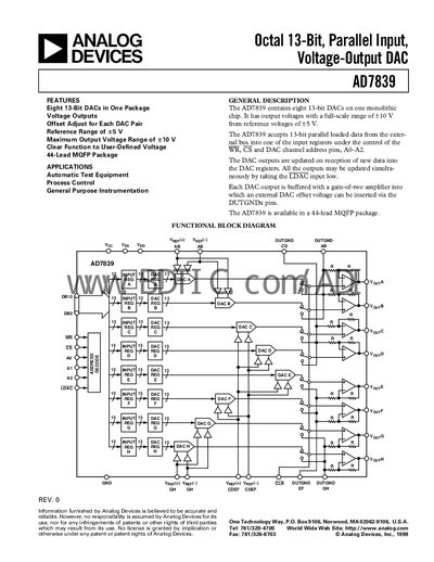 Analog Devices AD7839 Octal 13‑Bit DAC Datasheet - cover page