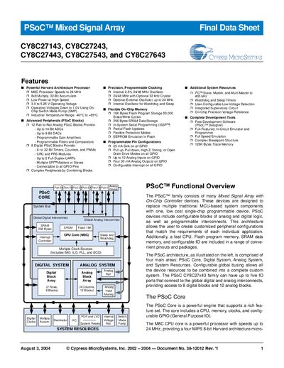 CYPRESS SEMICONDUCTOR CY8C27143 CY8C27243 CY8C27443 CY8C27543 CY8C27643 handbook - cover page