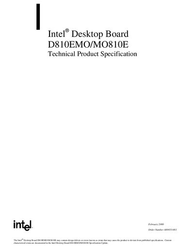 Intel D810EMO/MO810E Desktop Board Technical Product Specification - cover page