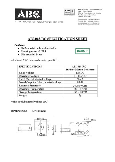 Alan Butcher Components ABI-018-RC Surface Mount Indicator Specification Sheet - cover page